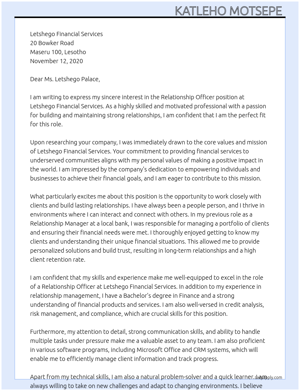 Relationship Officer  At Letshego Financial Services  Cover Letter