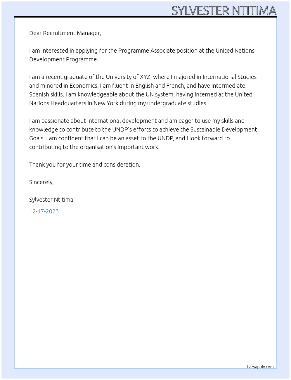 Programme Associate At United Nations Development Programme Cover Letter