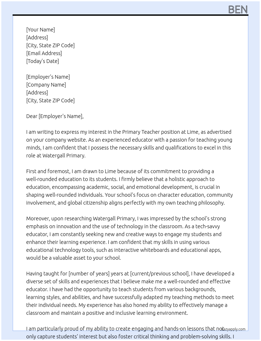 Primary Teacher At Lime Cover Letter