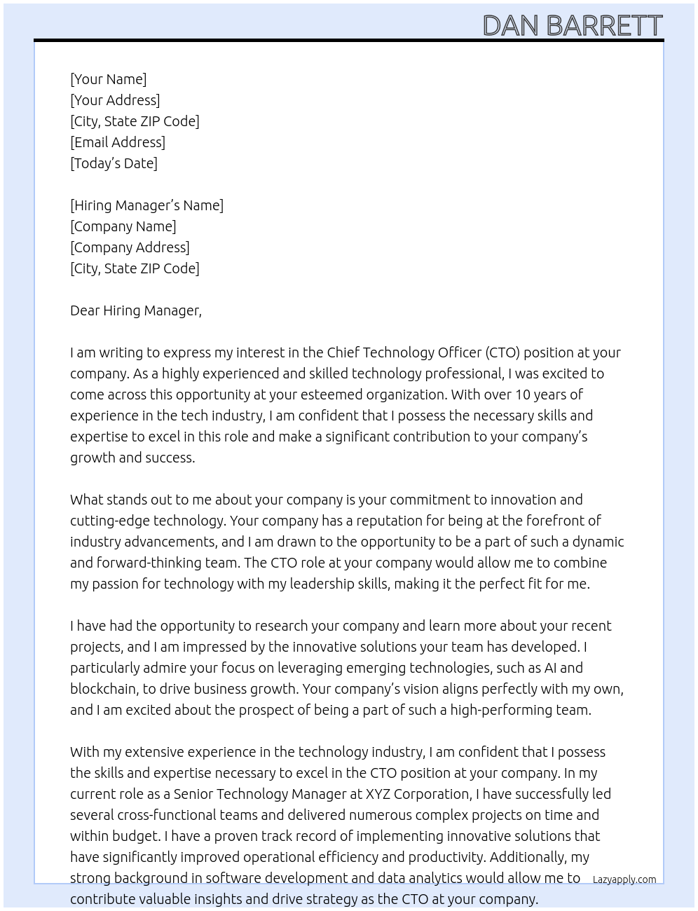 CTO At your company Cover Letter