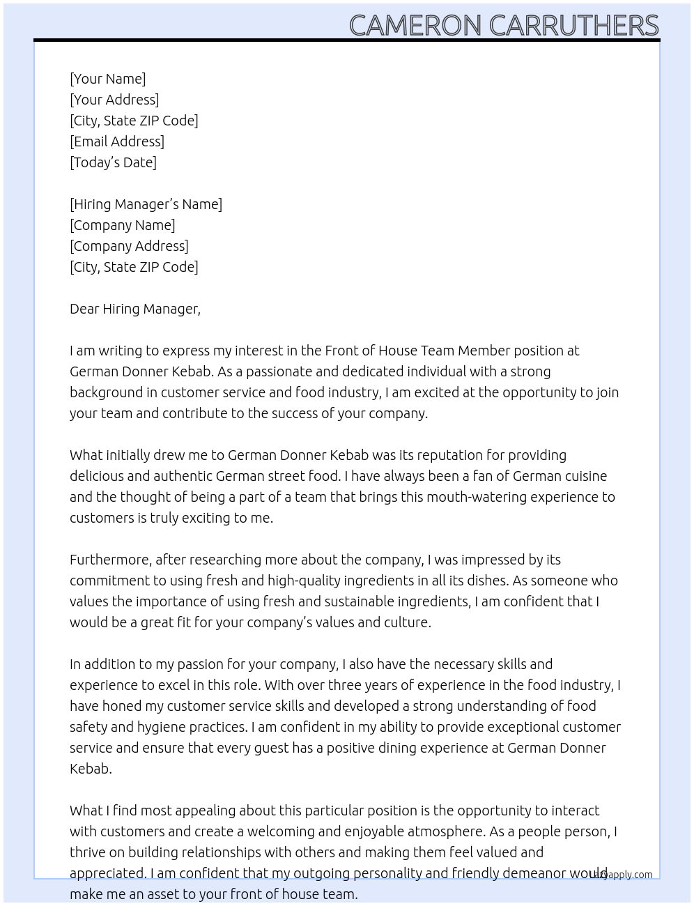 Front of House Team Member At German Donner Kebab Cover Letter