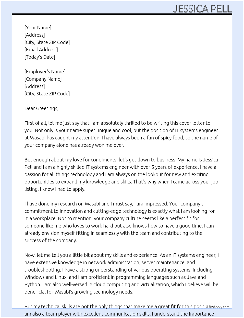 IT systems engineer At Wasabi Cover Letter