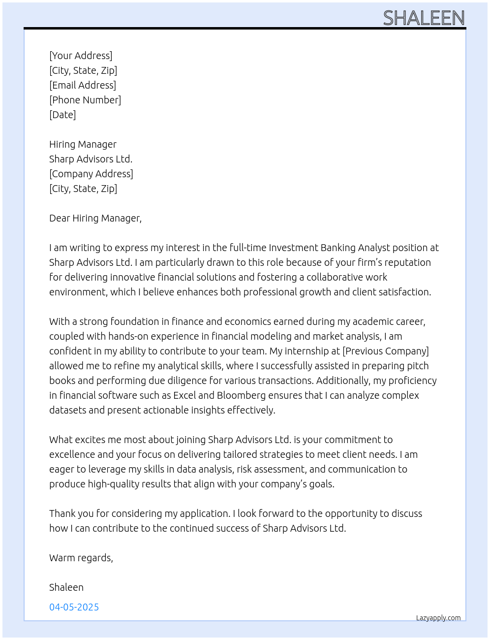 Cover letter for investment banking analyst - LazyApply