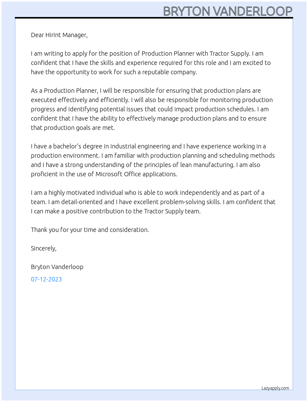 Production Planner At Tractor Supply Cover Letter