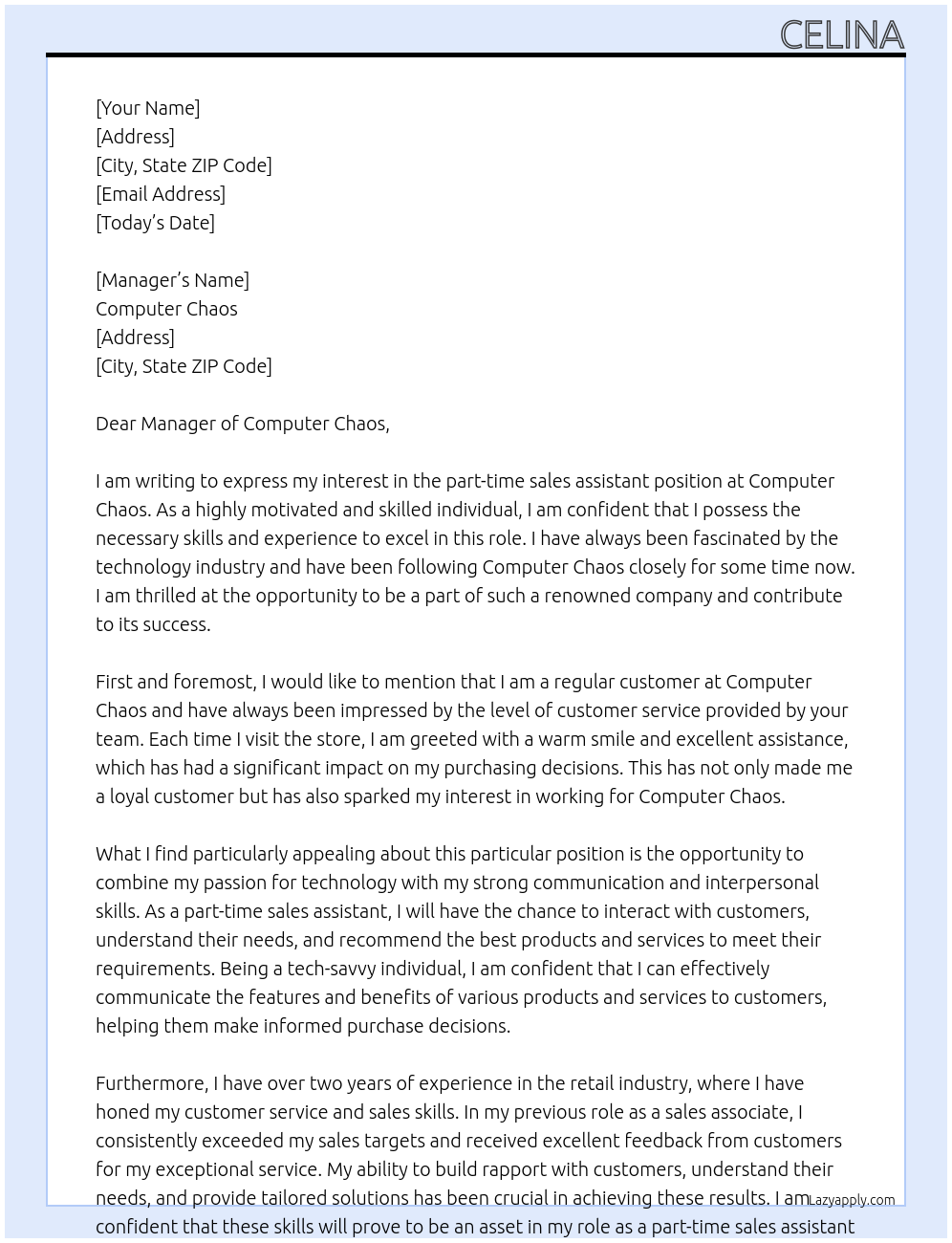 Part time sales assistant At Computer chaos Cover Letter