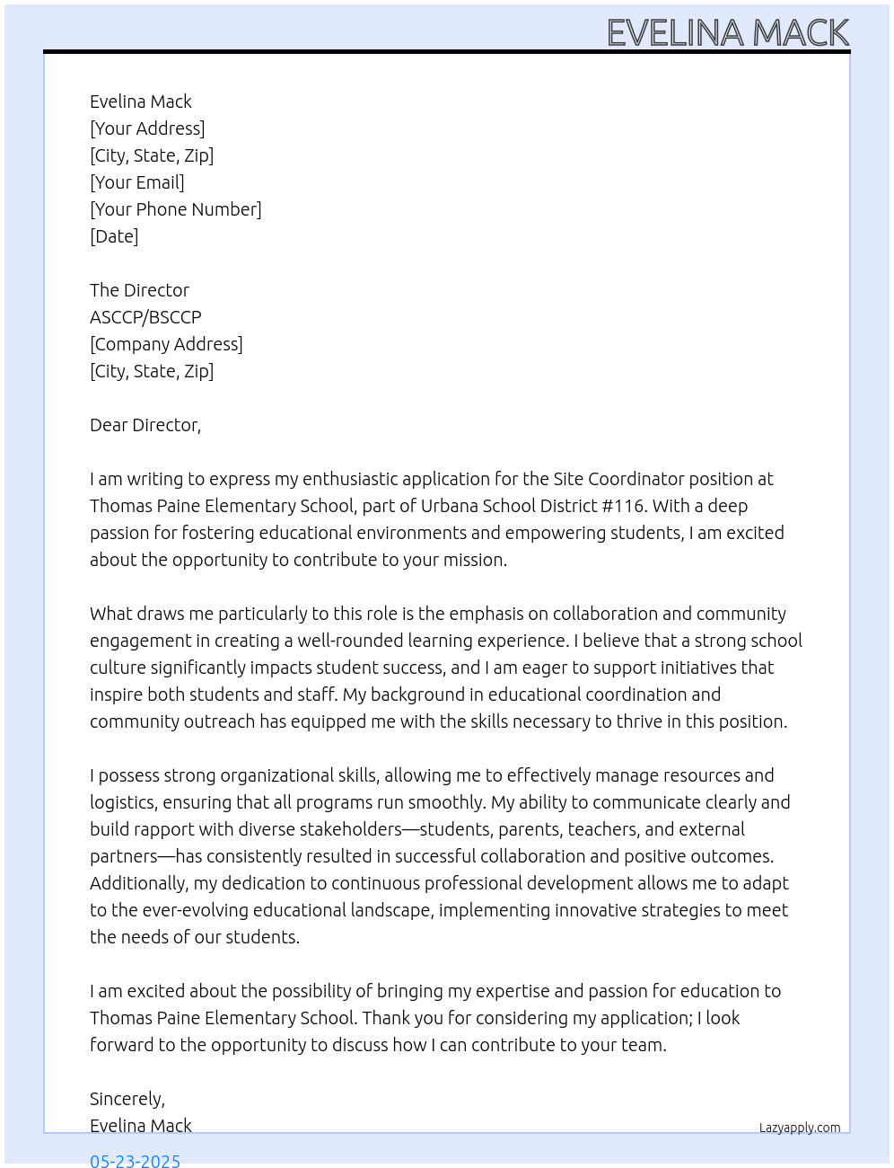 Cover letter for site coordinator - LazyApply