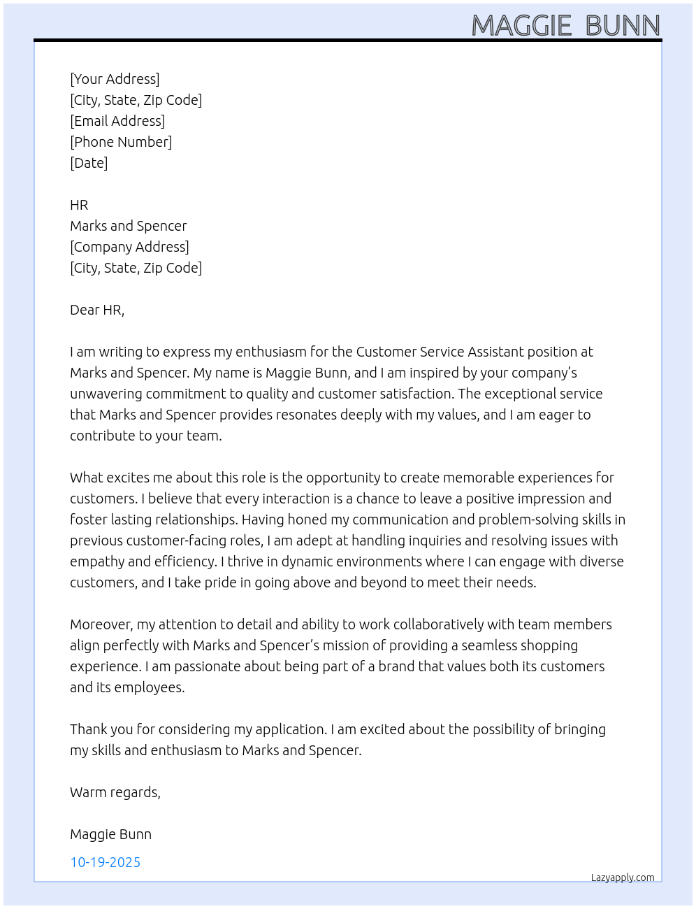 Customer service assistant At Marks and Spencer Cover Letter