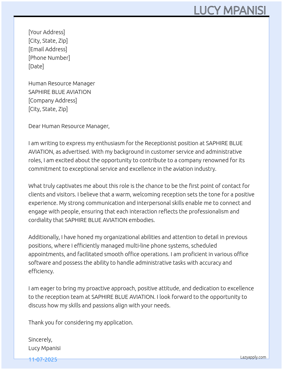 Receptionist At SAPHIRE BLUE AVIATION Cover Letter