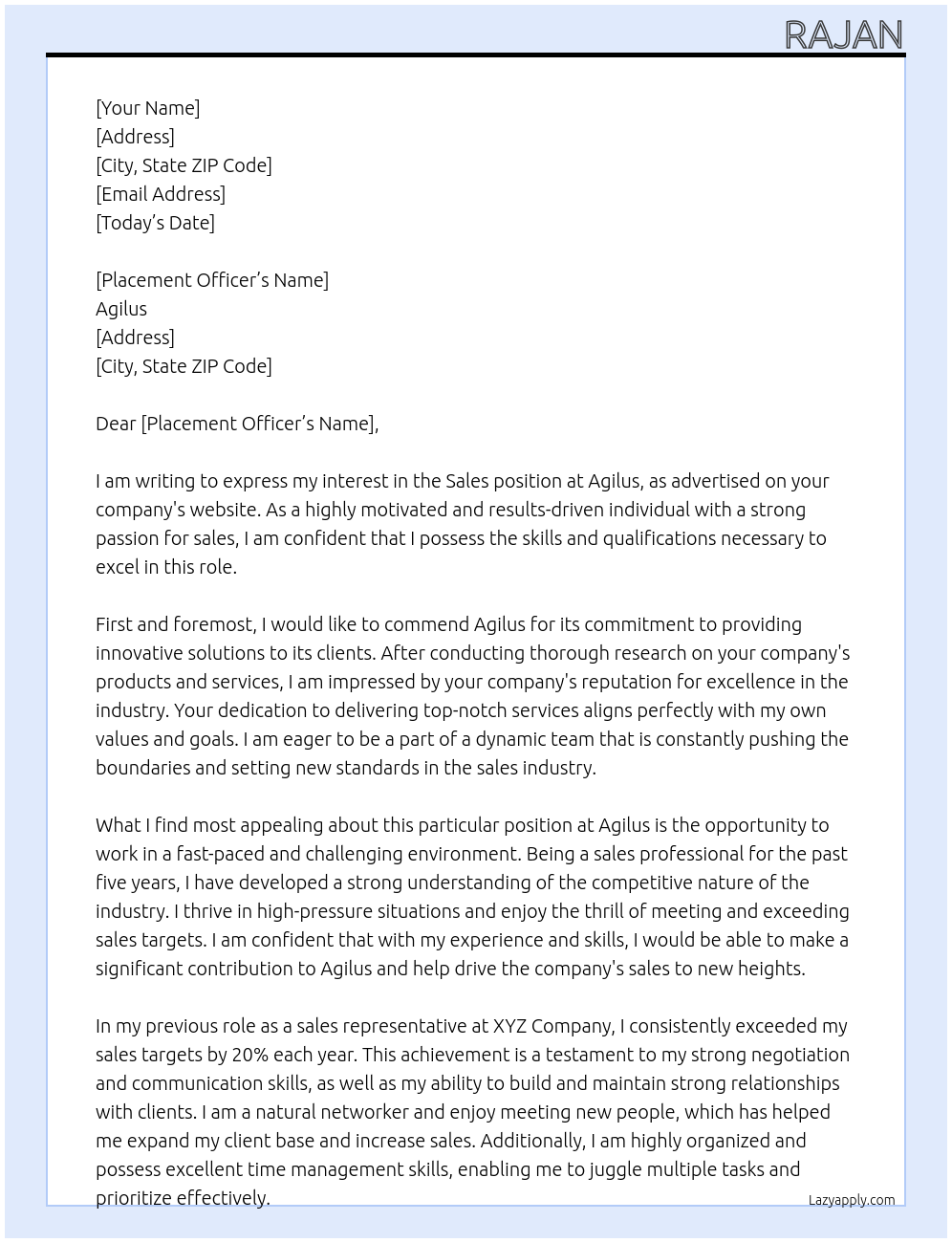 Sales At Agilus  Cover Letter