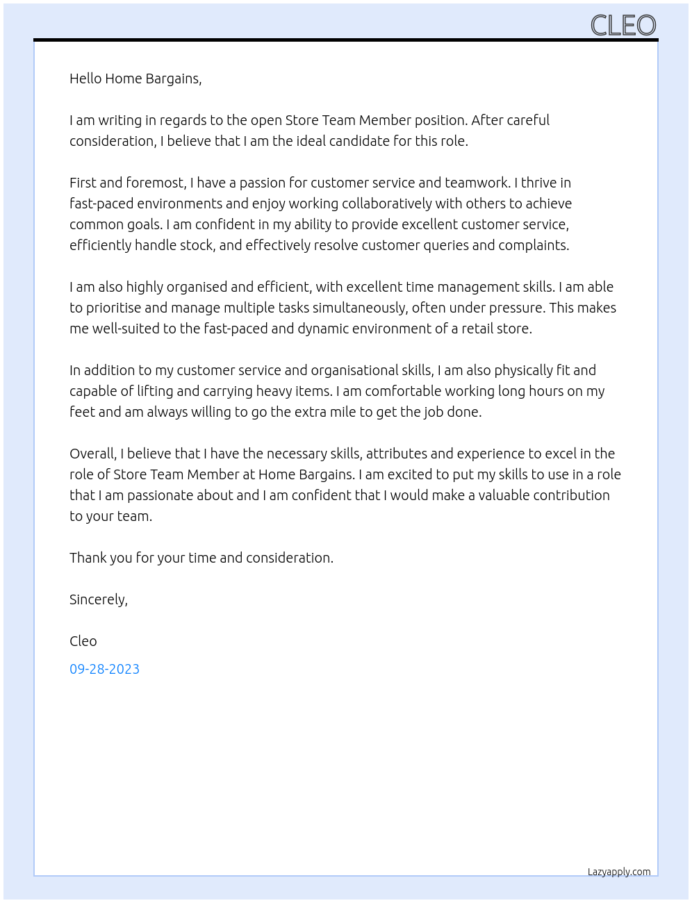 Store team member At Home bargains  Cover Letter