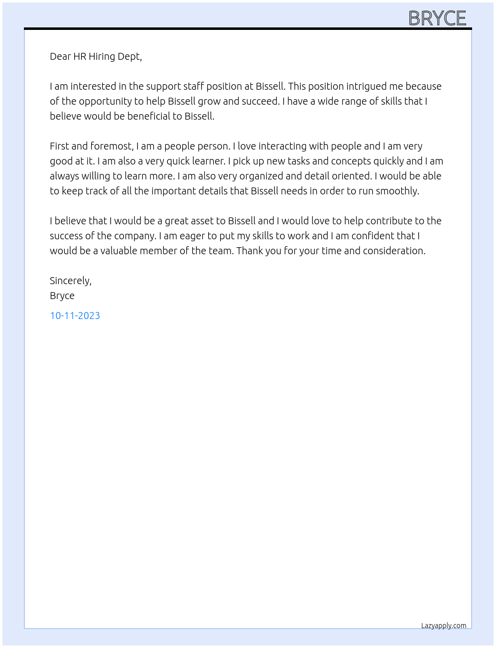 support staff  At Bissell Cover Letter