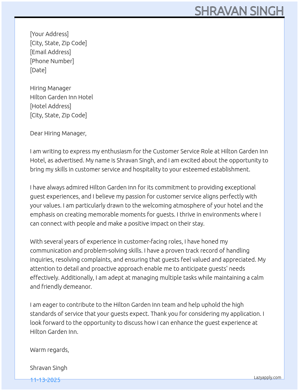 Customer service Role At Hilton Garden Inn hotel Cover Letter