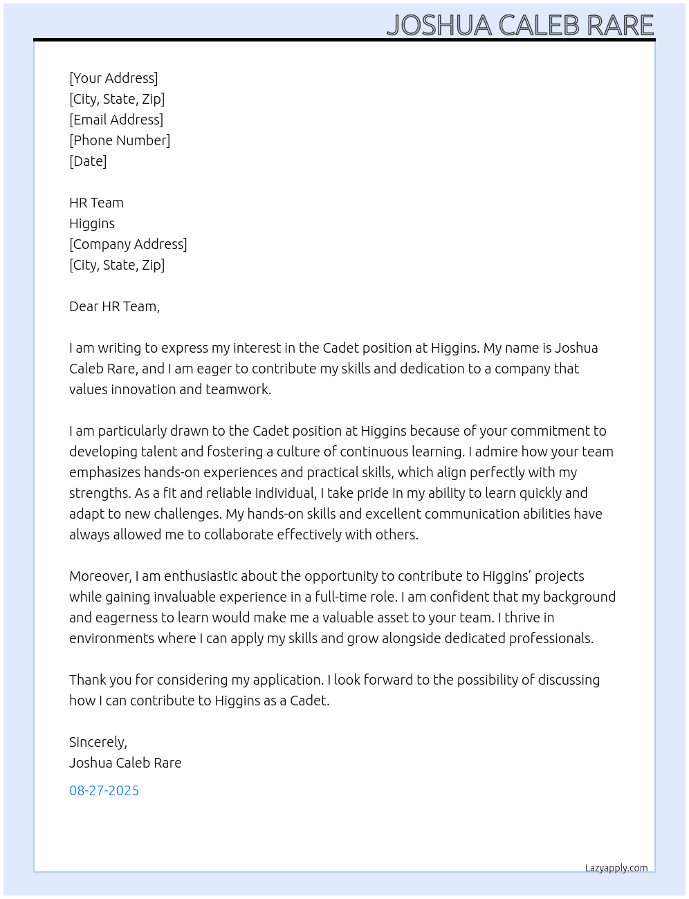 Cadet At Higgins Cover Letter