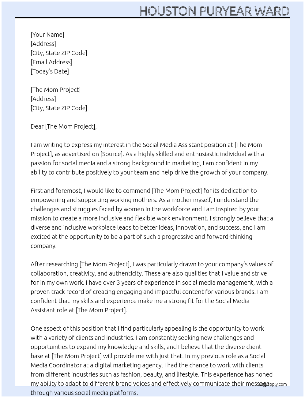 Social Media Assistant At The Mom Project Cover Letter