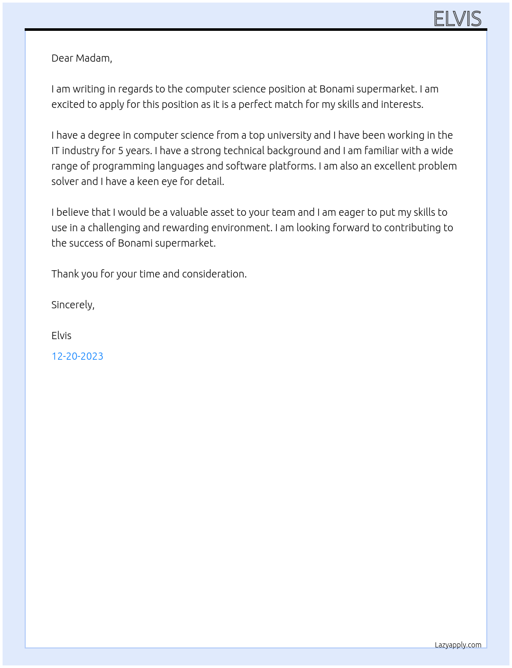 Computer science At Bonami supermarket Cover Letter