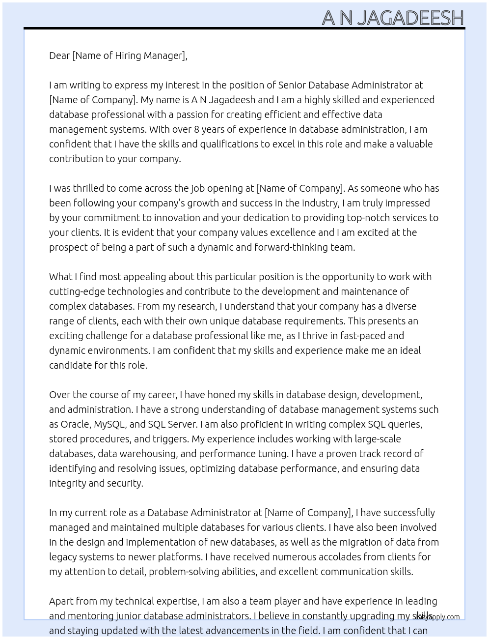 Senior Database Administrator At . Cover Letter