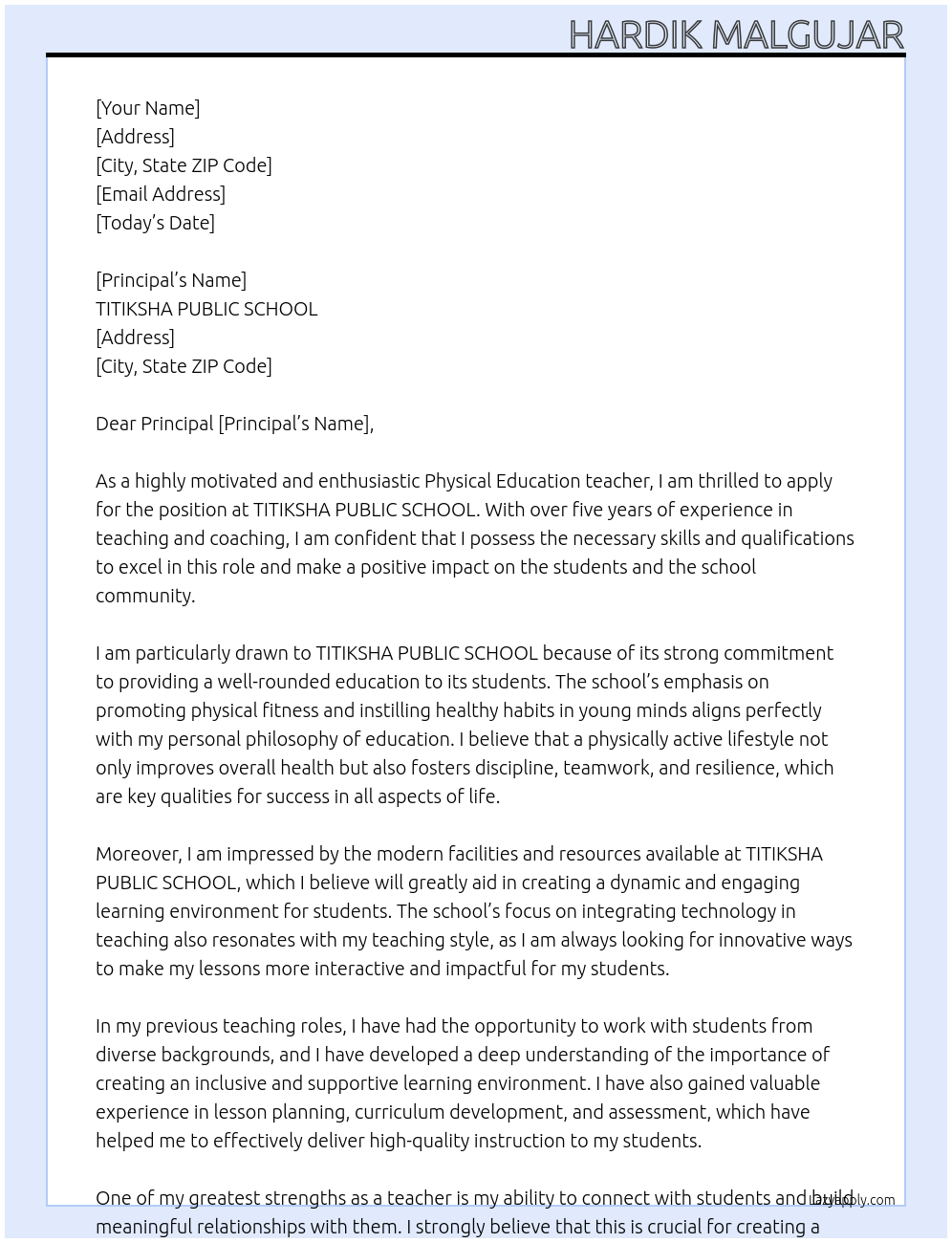 physical Education teacher At TITIKSHA PUBLIC SCHOOL Cover Letter