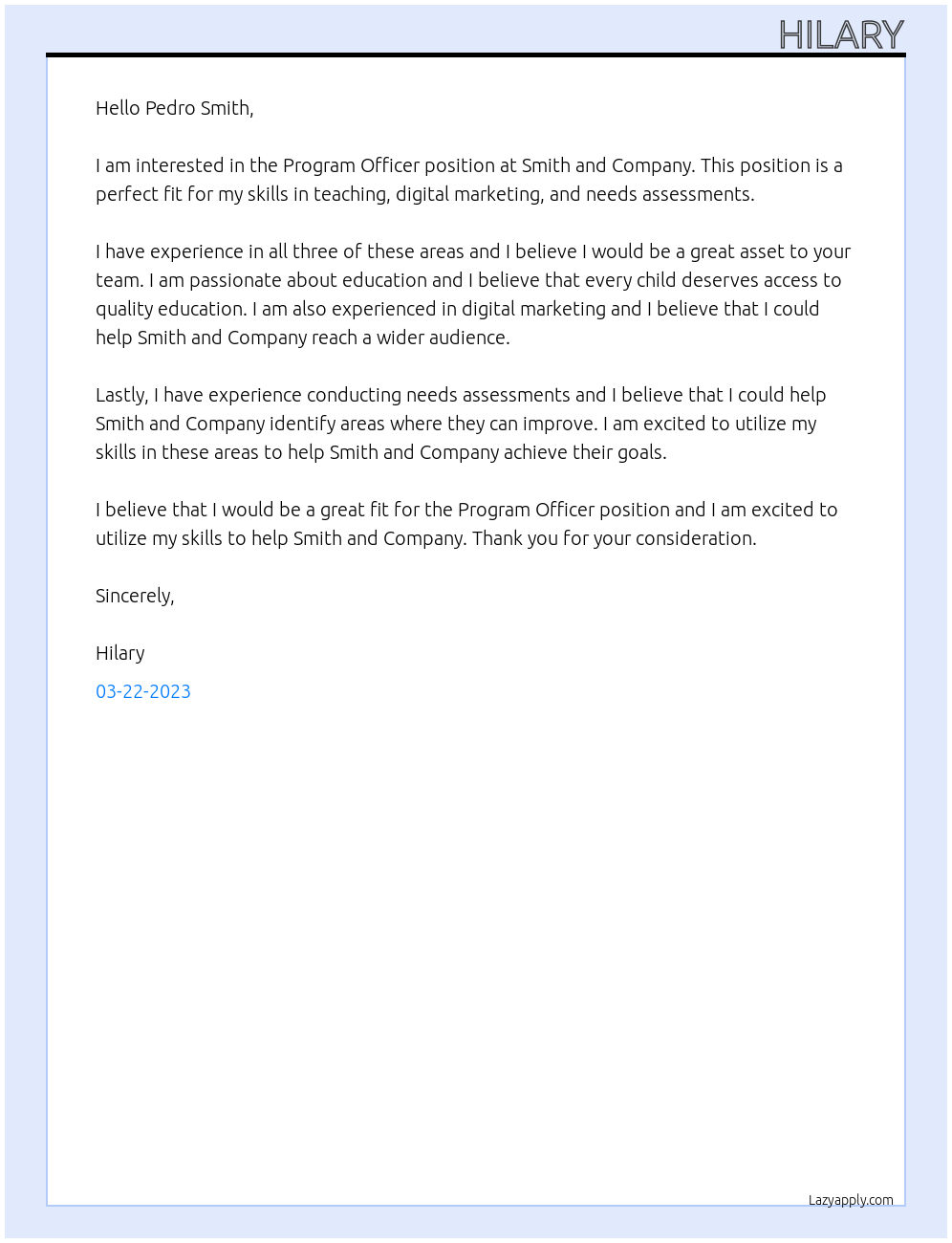 Program Officer At Smith and Company Cover Letter