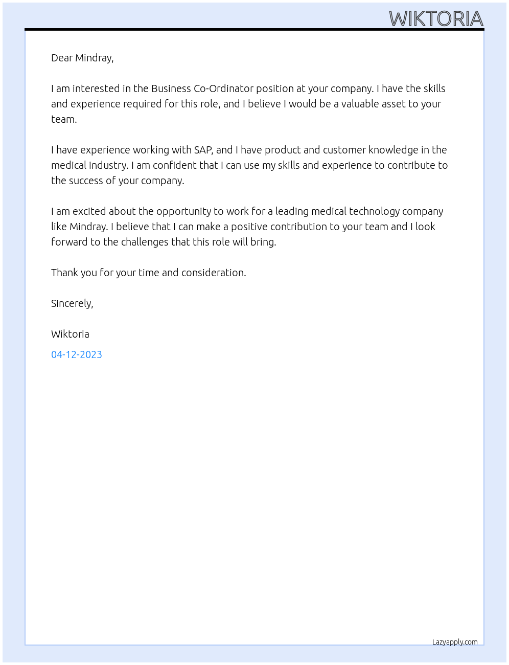 Business Co-Ordinator At Mindray Cover Letter