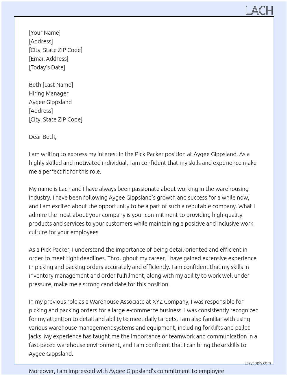 pick packer At Aygee Gippsland Cover Letter