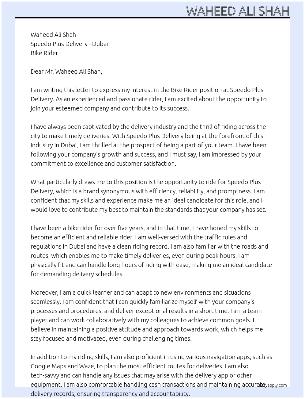 Bike Rider At Speedo Plus Delivery - Dubai Cover Letter