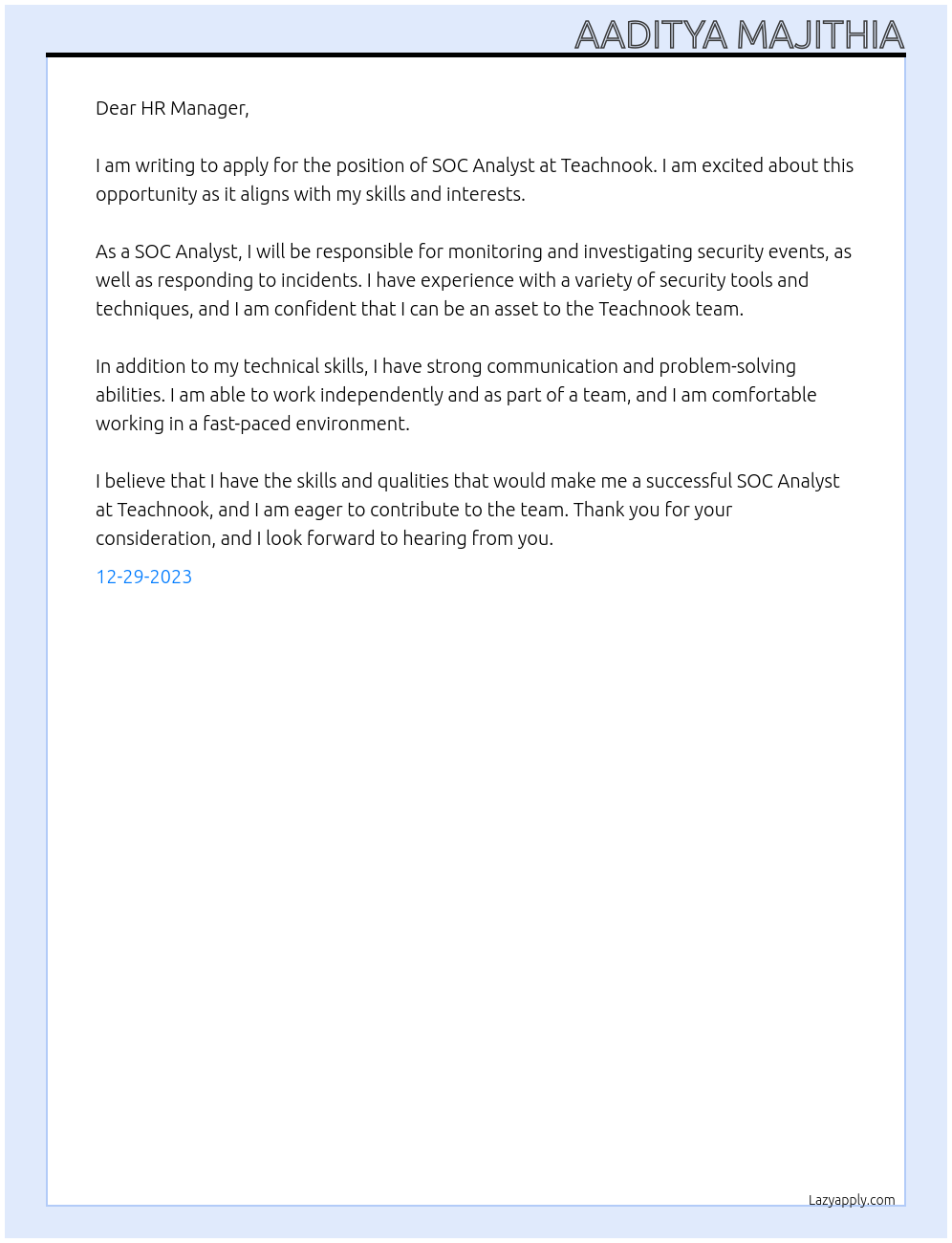 SOC Analyst At Teachnook Cover Letter