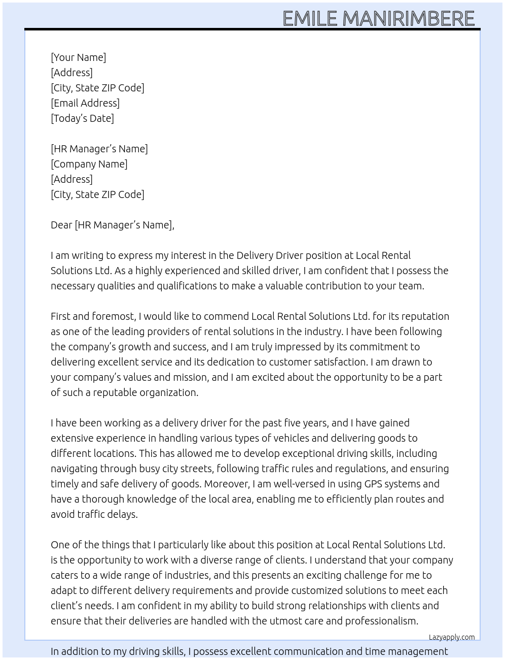 Delivery Driver At Local Rental Solutions Ltd. Cover Letter