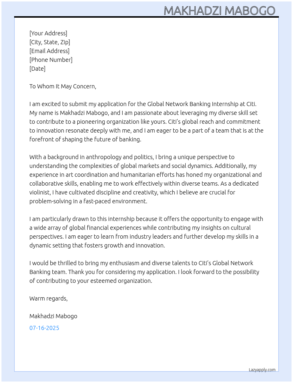 Global network banking  At Citi Cover Letter