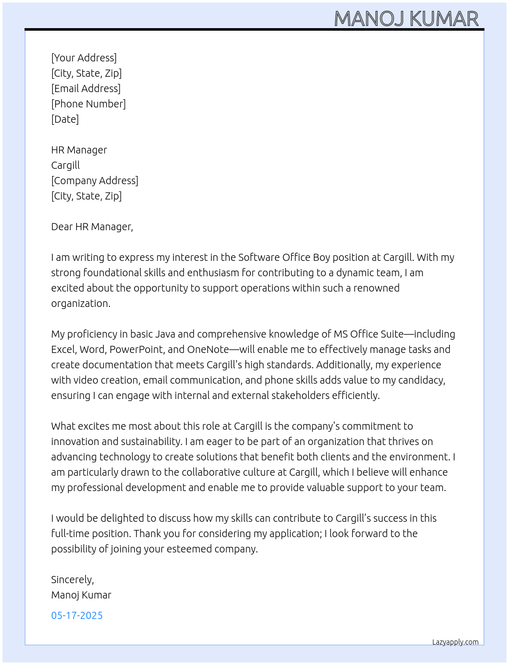 Software, office boy At Cargill Cover Letter