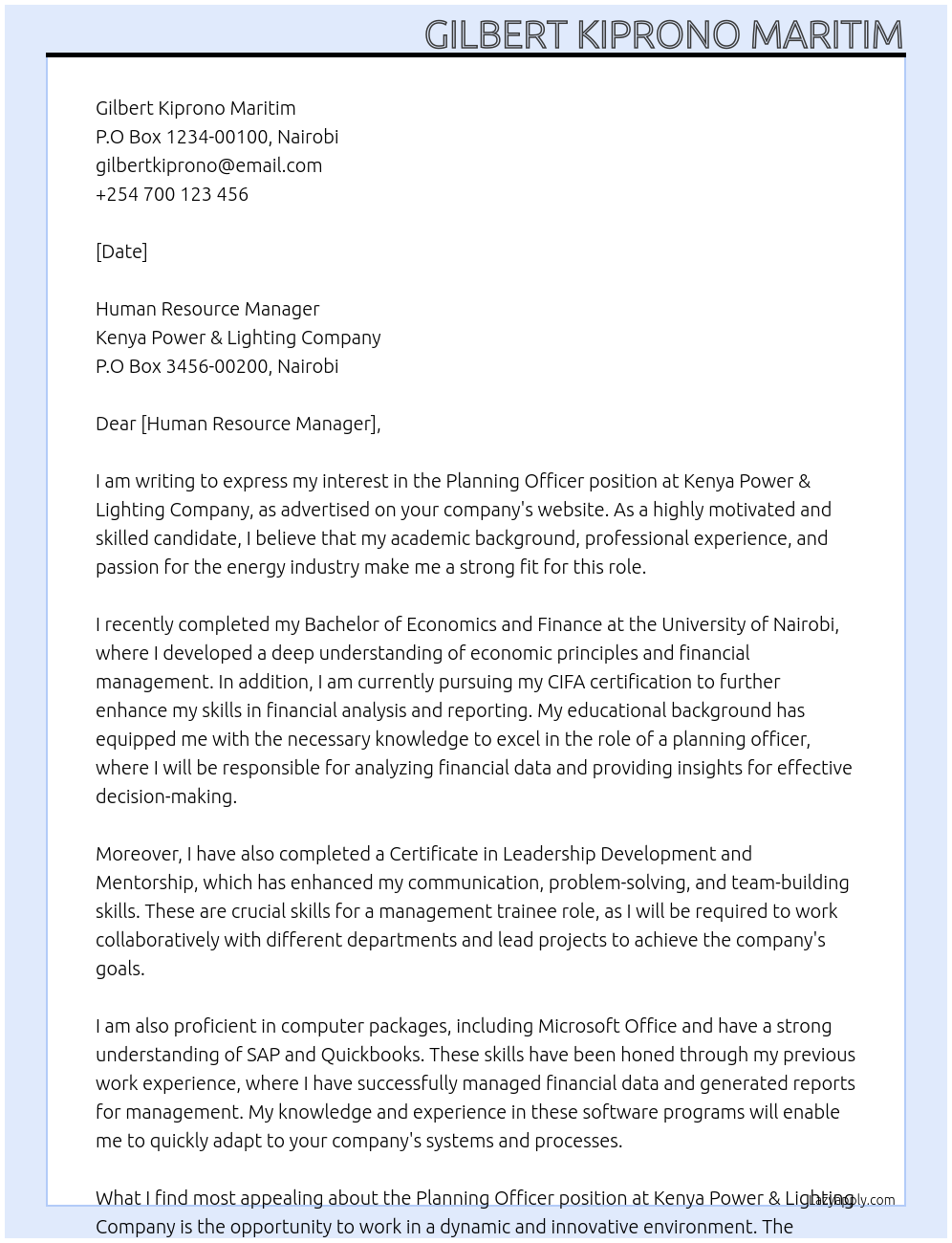 Planning officer At kenya power & Lighting company Cover Letter