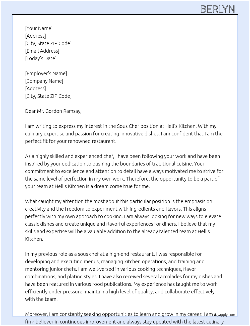 sous chef  At Hell's kitchen  Cover Letter