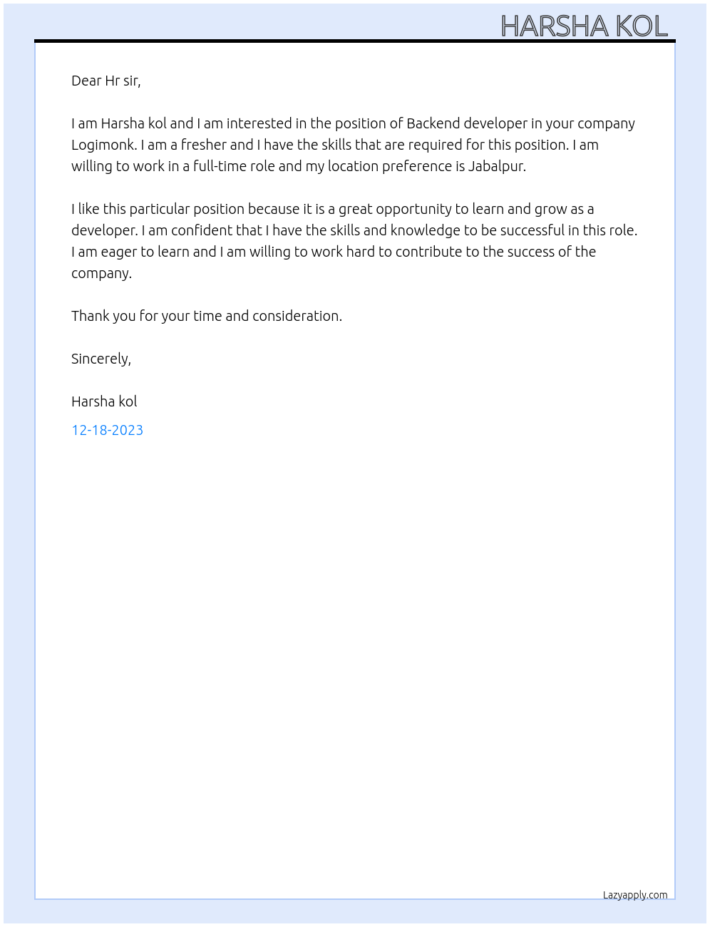 Backend developer At Logimonk Cover Letter