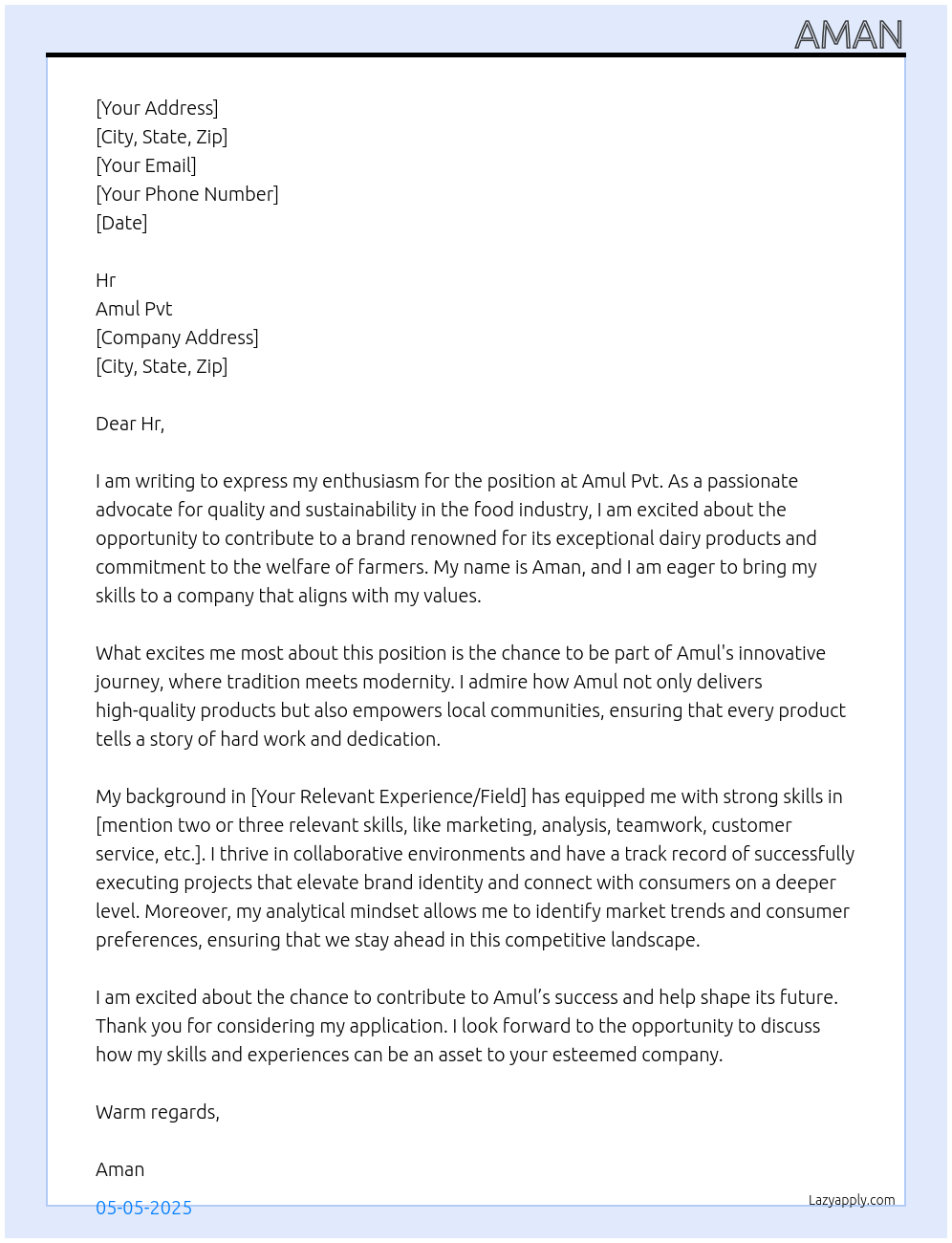 Amul At Amul pvt Cover Letter