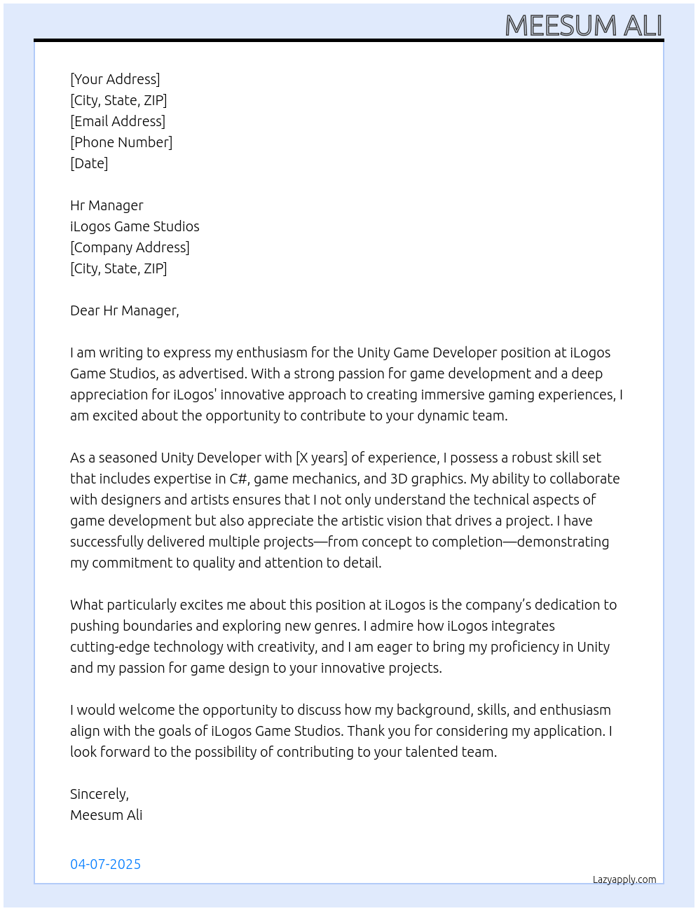 Cover letter for unity game developer - LazyApply