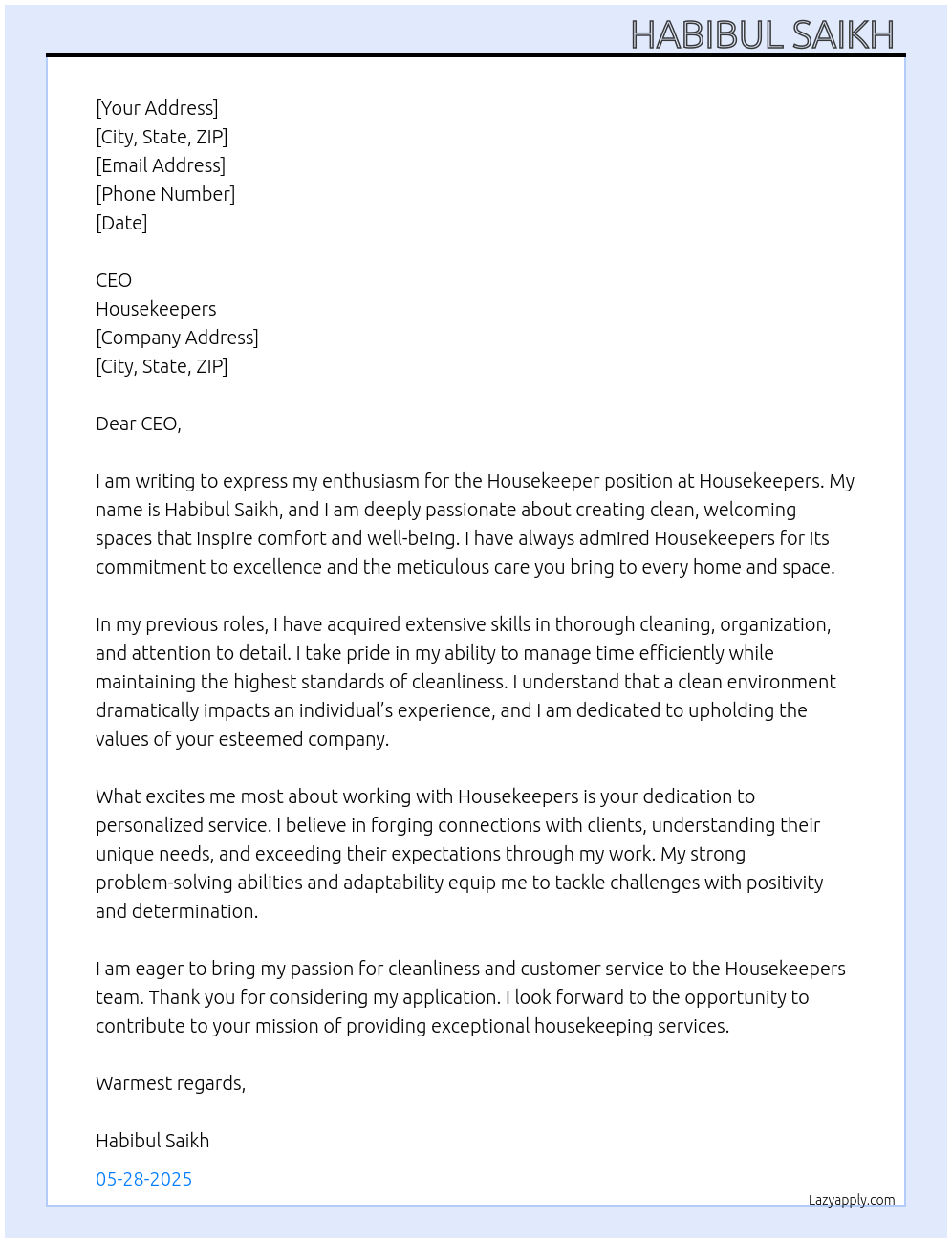 HOUSEKEEPERS At HOUSEKEEPERS Cover Letter