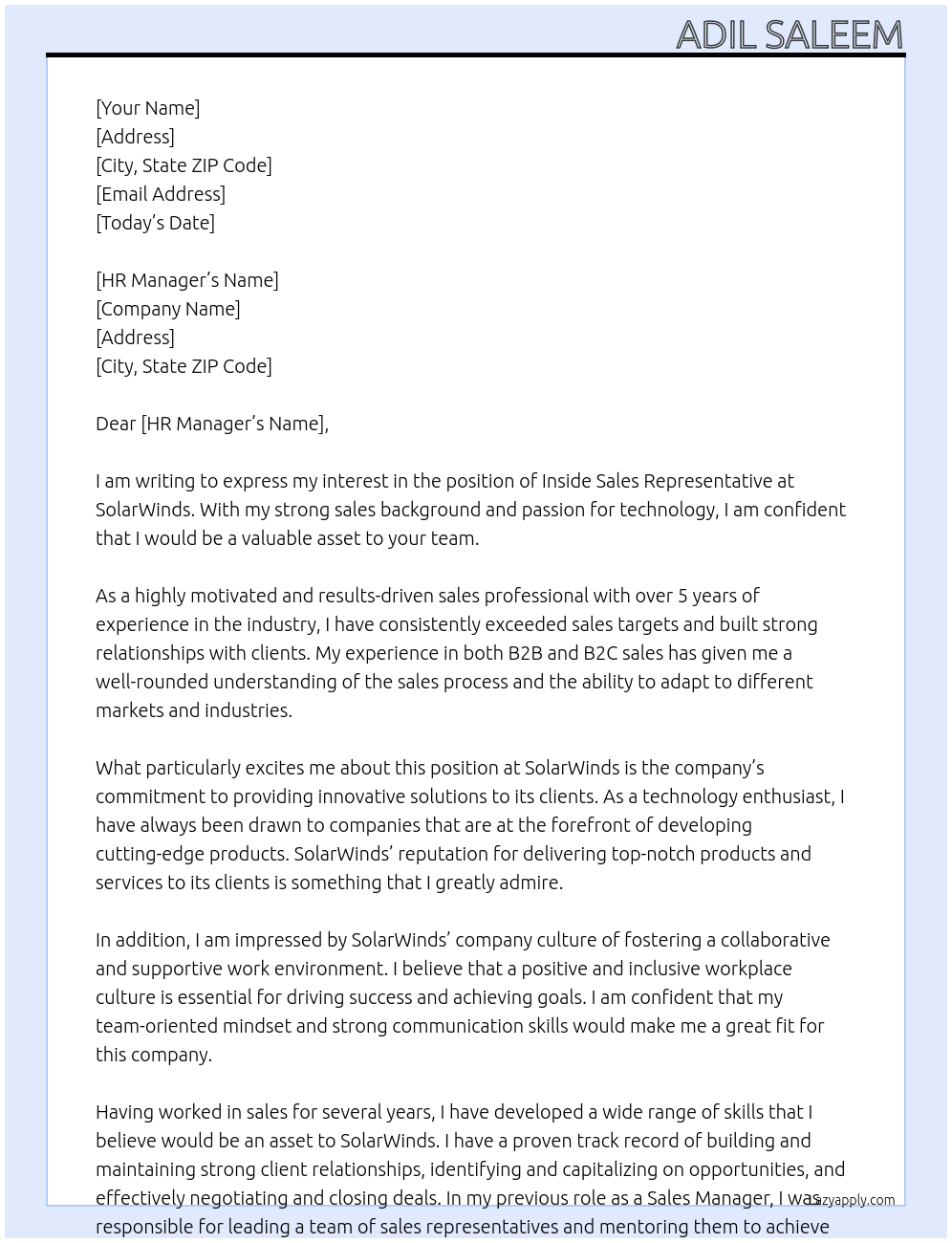 Inside Sales Representative  At SolarWinds Cover Letter