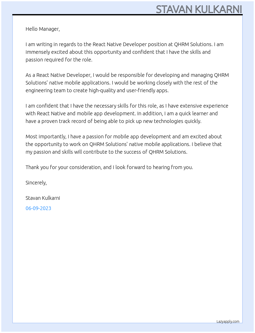 React Native Developer At QHRM Solutions Cover Letter