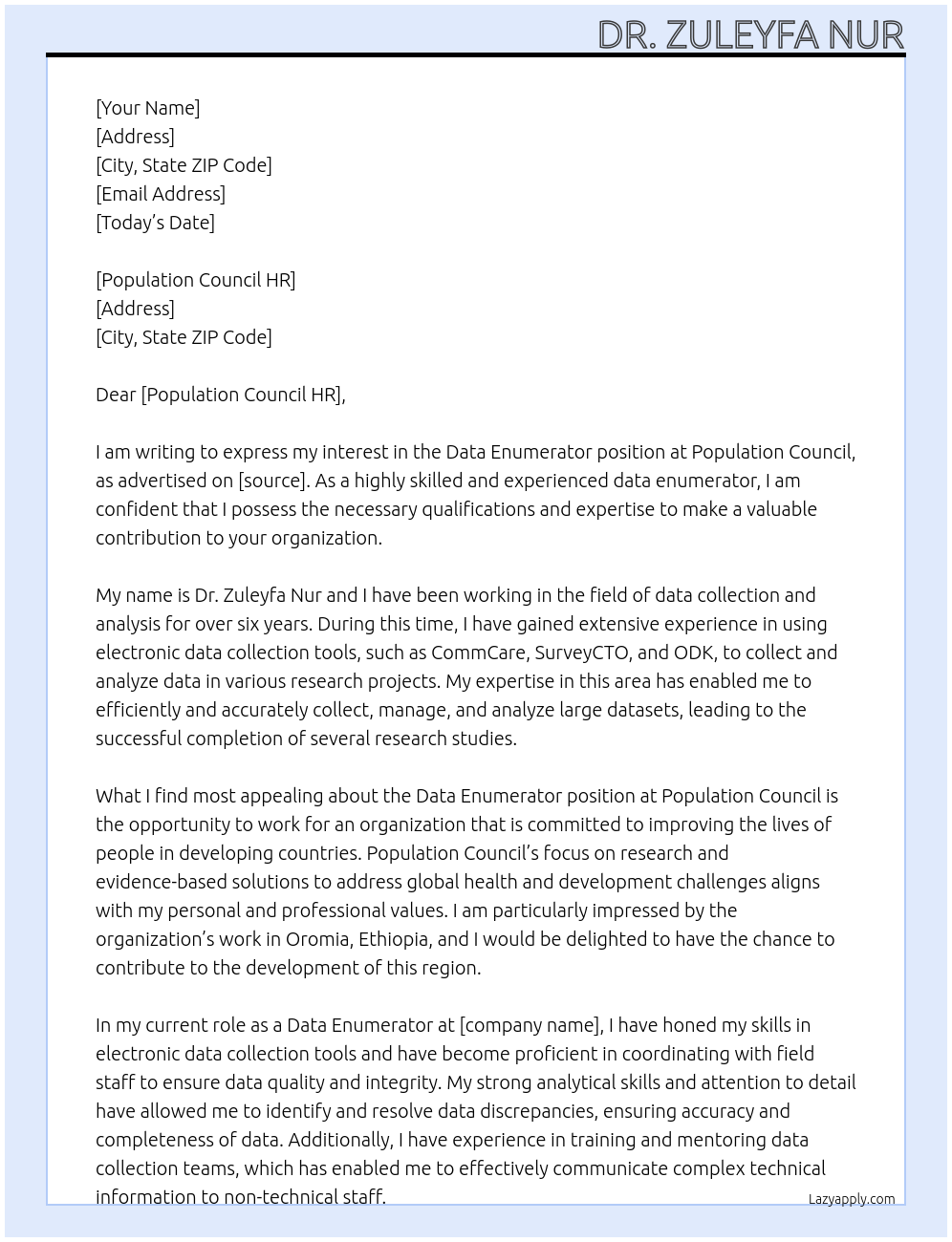 Data Enumerator At Population Council Cover Letter