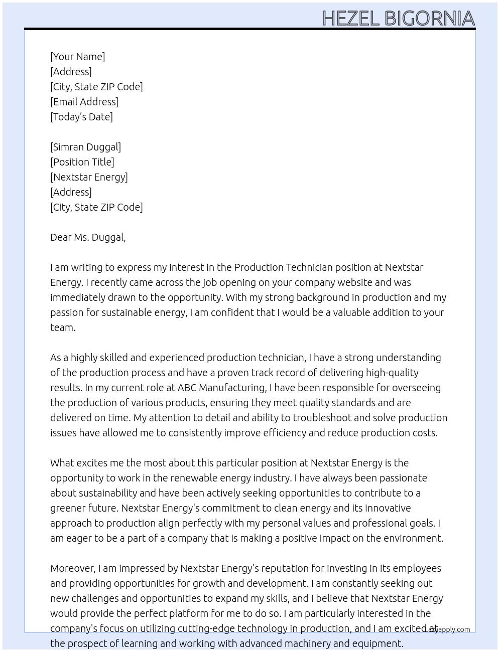 Production Technician At Nextstar Energy Cover Letter