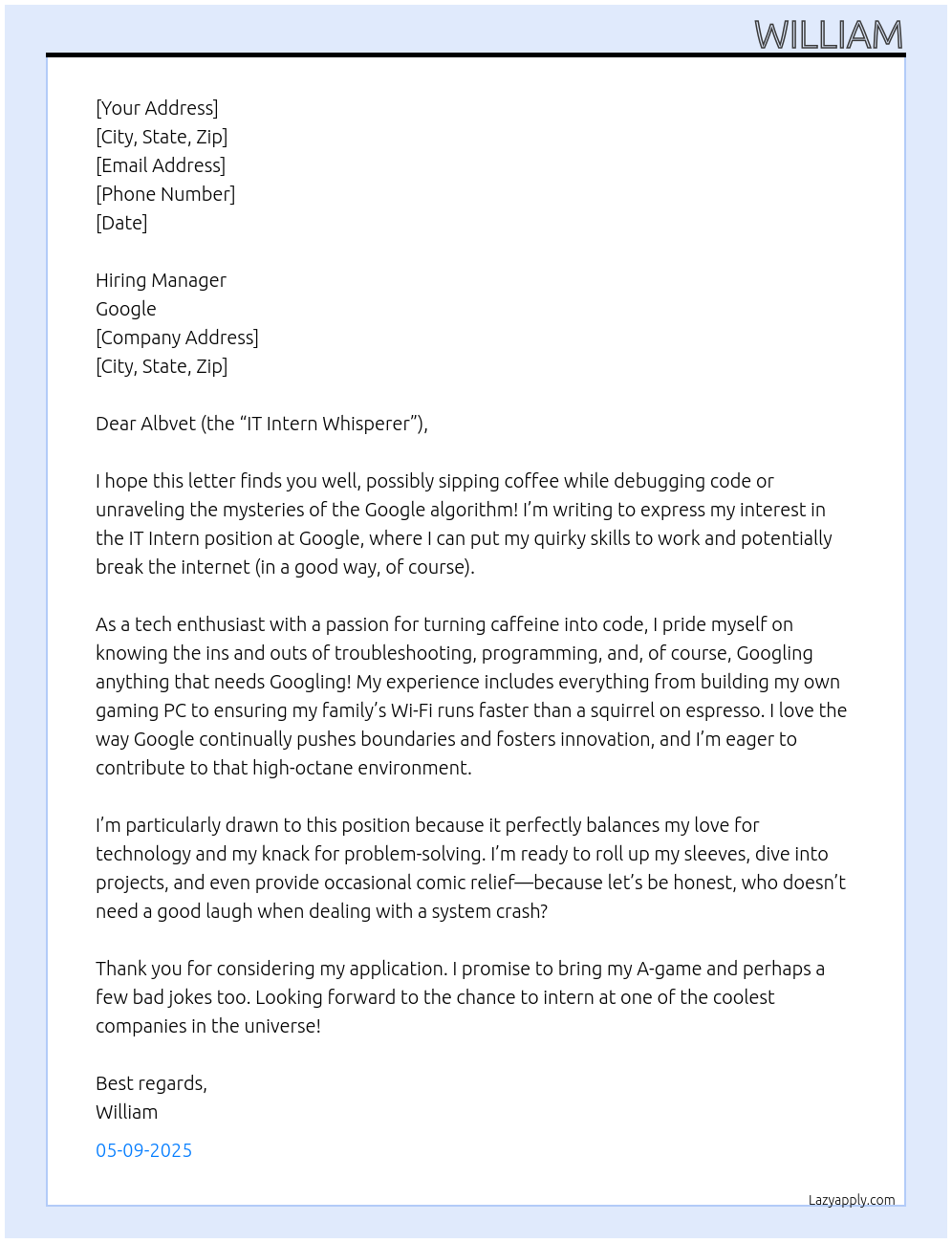 IT Intern At google Cover Letter