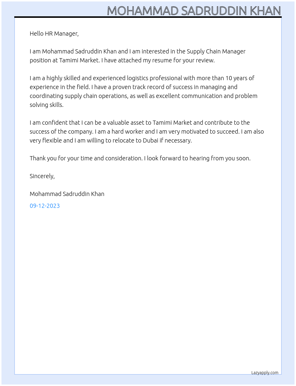 Supply Chain Manager At Tamimi Market Cover Letter