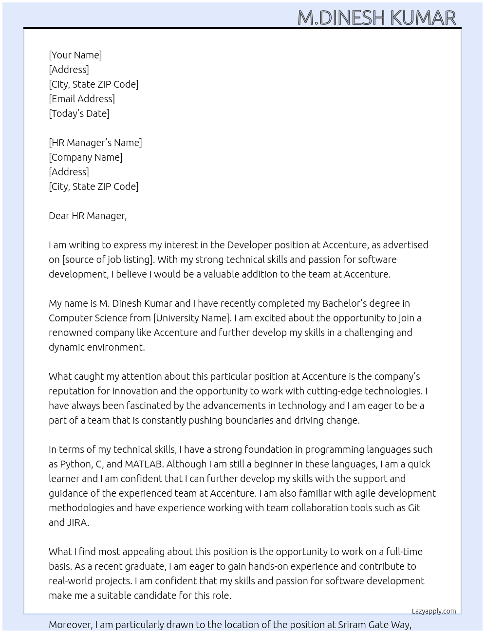 Developer At Accenture Cover Letter