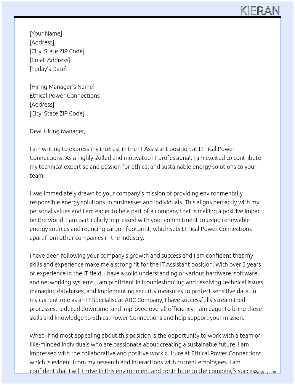 IT Assistant At Ethical Power Connections Cover Letter