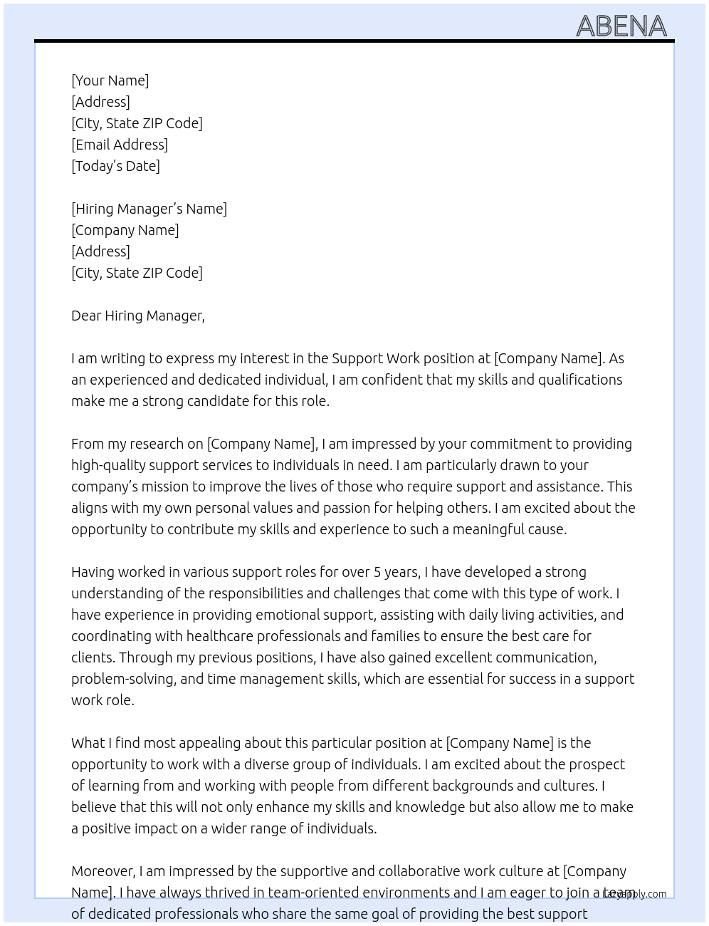 Support work  At Support work  Cover Letter