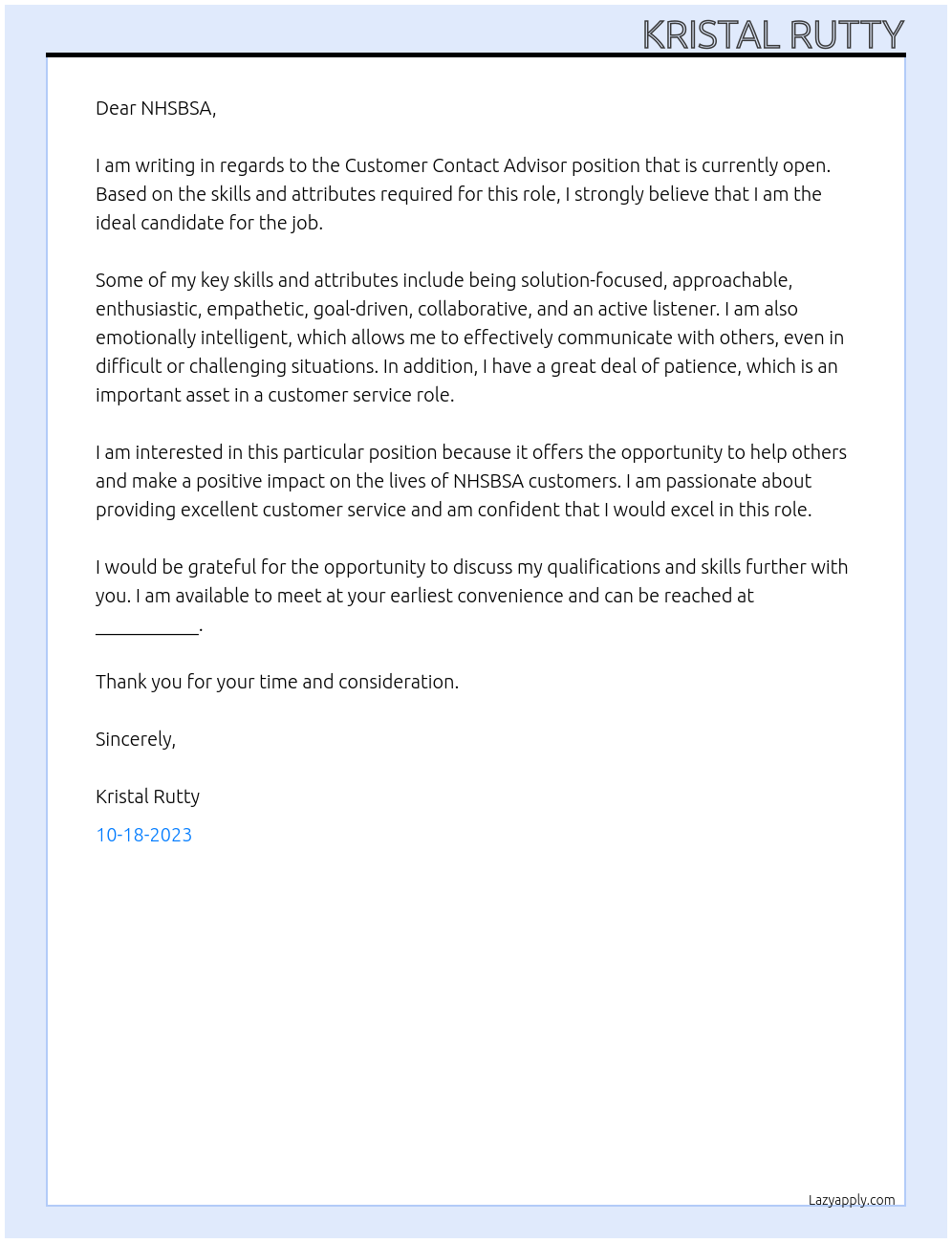Customer Contact Advisor At NHSBSA Cover Letter