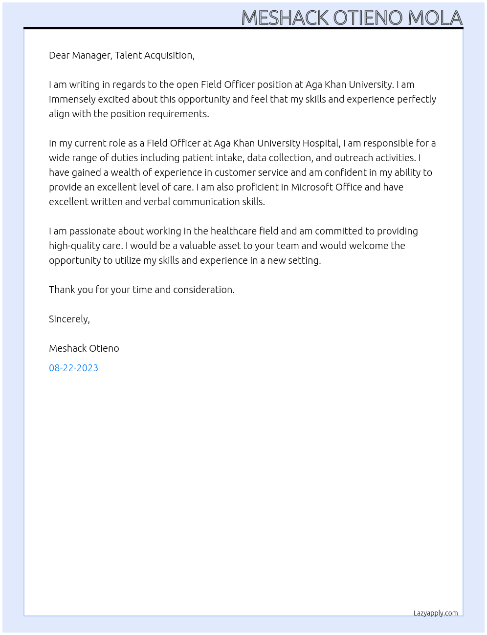 Field Officer At Aga Khan University hospital Cover Letter