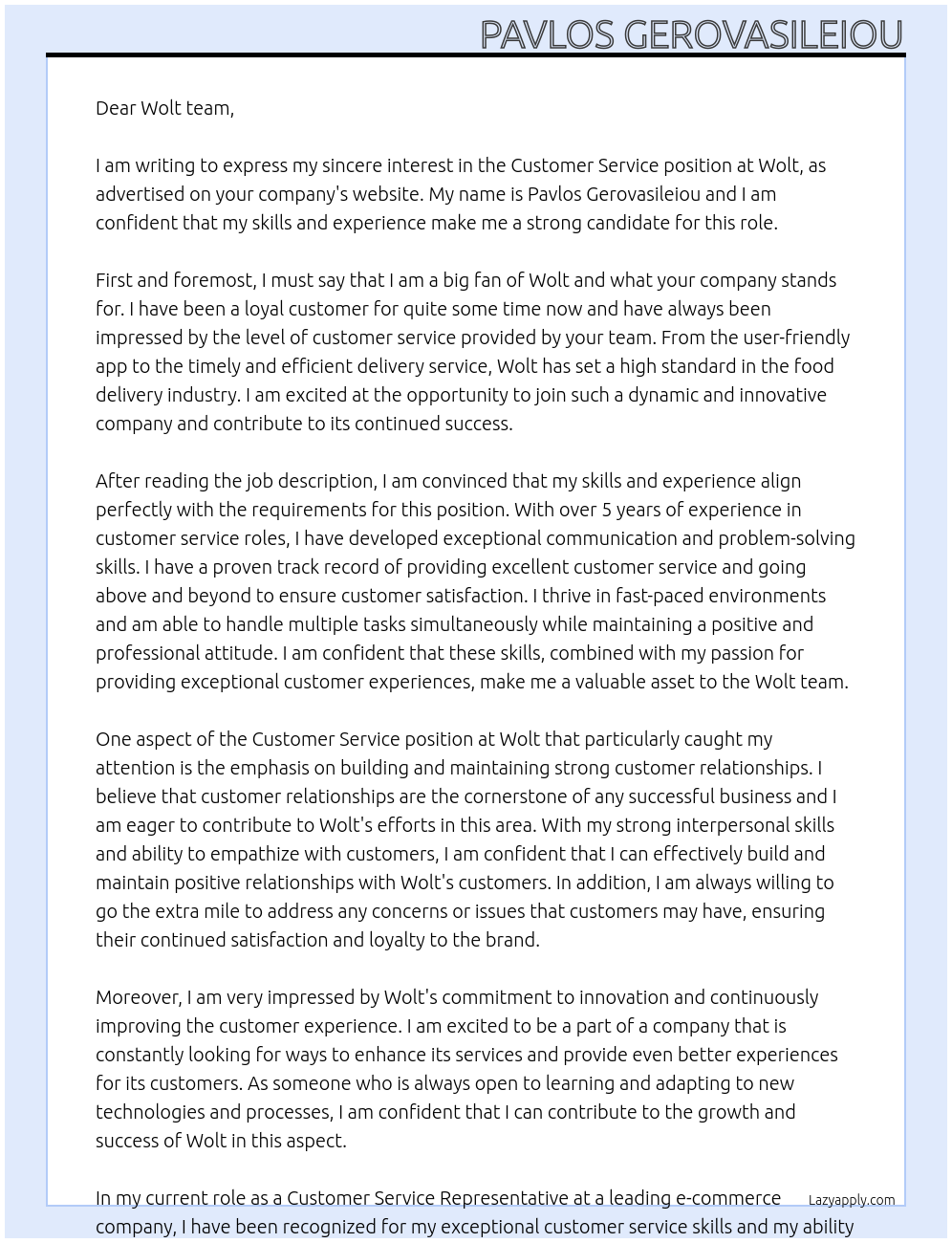Costumer Service At Wolt Cover Letter