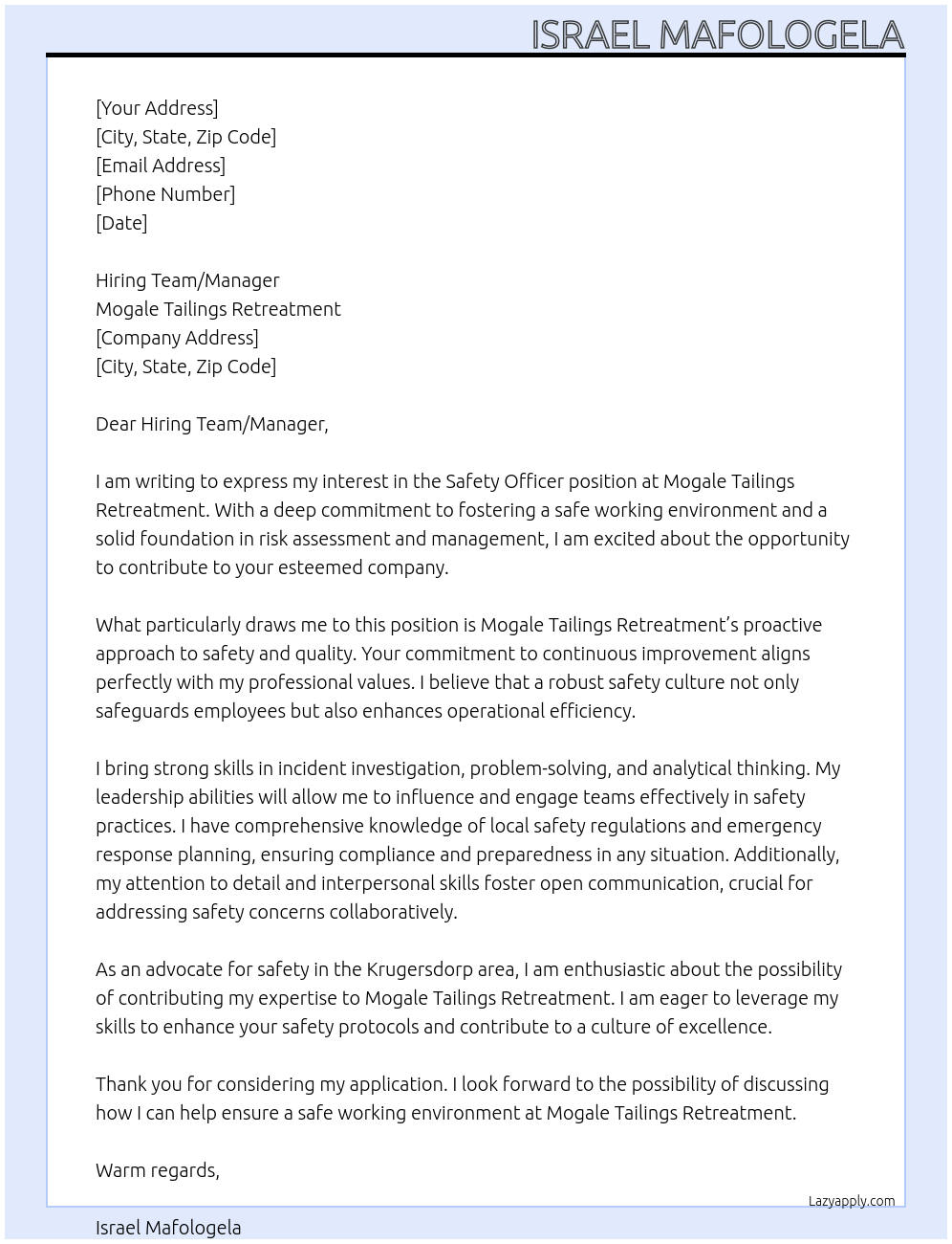 Safety Officer At Mogale Tailings Retreatment Cover Letter