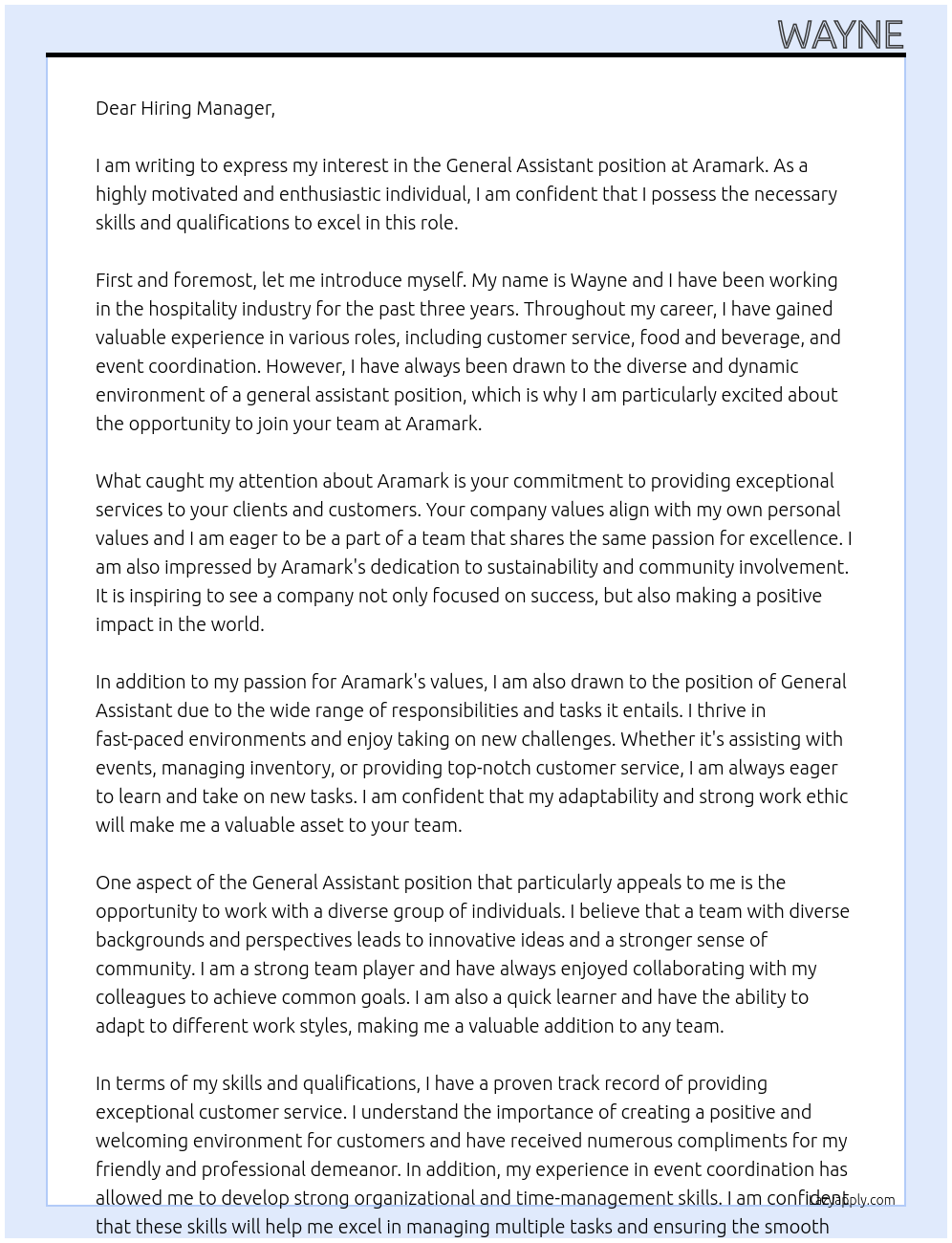 General Assistant At Aramark  Cover Letter