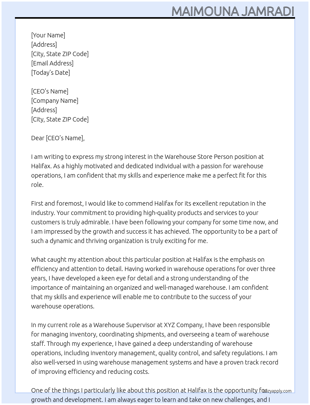 Warehouse store person  At Halifax  Cover Letter